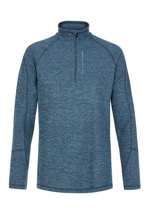 Niebieski, długi pulower z zamkiem błyskawicznym do jednej czwartej szyi. Wykonany z fakturowanej, elastycznej tkaniny z kontrastowymi szwami. Odpowiedni do aktywnego stylu życia.