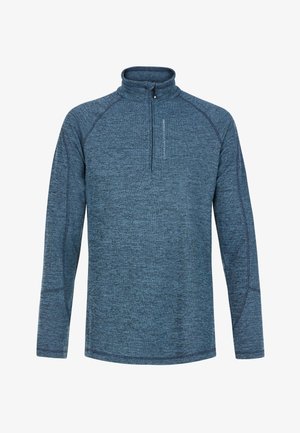 Niebieski, długi pulower z zamkiem błyskawicznym do jednej czwartej szyi. Wykonany z fakturowanej, elastycznej tkaniny z kontrastowymi szwami. Odpowiedni do aktywnego stylu życia.