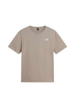 Taupe kortærmet t-shirt med rund hals og lille hvidt The North Face-logo på venstre bryst.