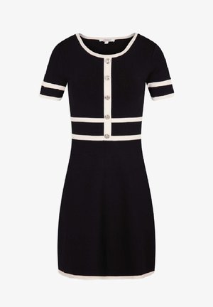 Vestito nero a maniche corte con righe orizzontali bianche e dettaglio a bottoni lungo il davanti. Realizzato in un tessuto testurizzato e elasticizzato.