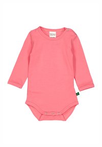 Langsleeve bodysuit van helderroze katoen, met een ronde halslijn, drukknoopsluiting op de schouder en drukknopen aan de onderkant.