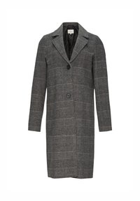Graues karierter Wollmischmantel mit Reverskragen, zwei Knöpfen und langen Ärmeln. Slim-Fit mit tailliertem Design.