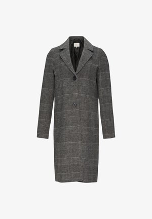 Grey plaid overcoat made of wool blend, featuring notched lapels, two buttons, and long sleeves. Slim fit with a tailored design.