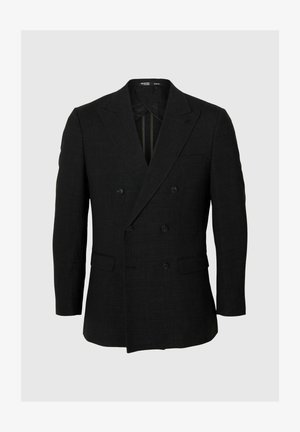 Sort dobbeltradet blazer lavet af tekstureret stof, med spidse klaffer, to forlommer og seks sorte knapper.