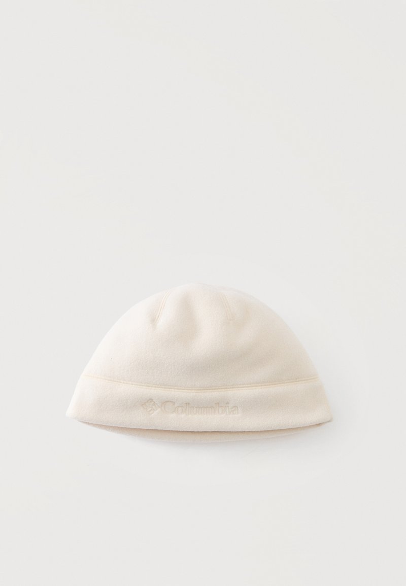 Bonnet en polaire couleur crème avec un petit bord replié et un logo Columbia discret brodé à l'avant.