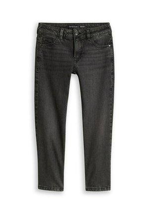 Schwarze Denim-Jeans mit geradem Schnitt, Frontknopf, Reißverschluss, Gürtelschlaufen und Fünf-Taschen-Design, flach auf weißem Hintergrund dargestellt.
