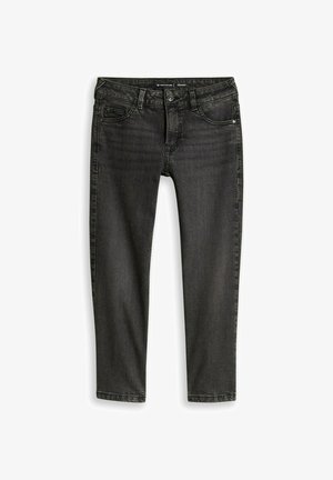 Schwarze Denim-Jeans mit geradem Schnitt, Frontknopf, Reißverschluss, Gürtelschlaufen und Fünf-Taschen-Design, flach auf weißem Hintergrund dargestellt.
