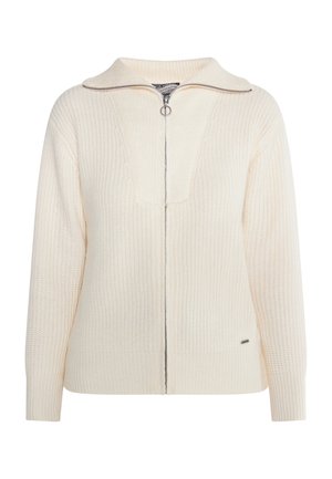 Sweter zapinany na zamek w kolorze kremowym, wykonany z teksturowanego dzianiny, z szerokim kołnierzem i srebrnym zamkiem błyskawicznym. Posiada mały detal z logo na dole.