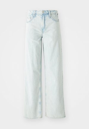 Light blue, high-waisted wide-leg jeans in denim fabric. Features five pockets and button closure. Distressed texture on the thighs.