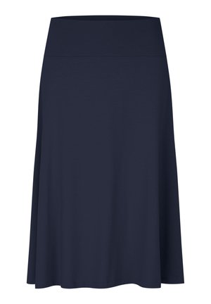 Marineblaue A-Linien-Rock mit glatter Textur, elastischem Bund und knielangem Schnitt, der für Komfort und Bewegungsfreiheit entworfen wurde.