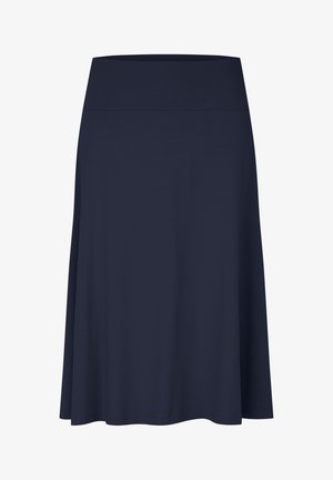 Granatowa spódnica A-line o gładkiej fakturze, z elastycznym pasem i długości do kolan, zaprojektowana z myślą o komforcie i swobodzie ruchów.