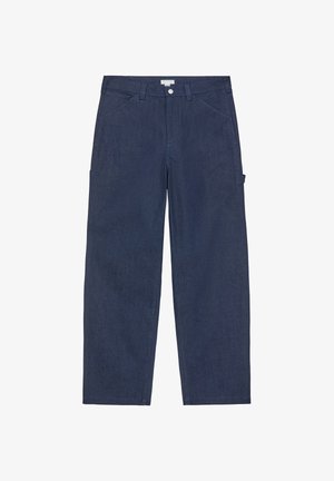 Weit geschnittene marineblaue Hose aus Denim mit vorderen Taschen und seitlicher Cargotasche; verfügt über einen Knopfverschluss und Gürtelschlaufen.