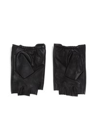Sorte læderhandsker uden fingre med elastiske manchetter og tekstureret overflade, der har udsparinger til fingrene og en glat finish.