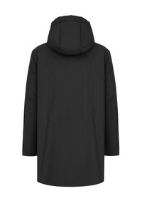 Czarna wodoodporna kurtka z kapturem, długimi rękawami i prostym krojem. Charakteryzuje się prostym, bezszwowym wzornictwem i brakiem widocznych elementów metalowych.