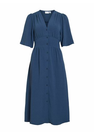 Vestito midi blu con maniche corte a sbuffo, scollo a V, vita aderente e chiusura frontale con bottoni al centro.