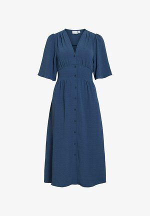 Kék midi ruha rövid fodros ujjakkal, V-nyakkivágással, testhezálló derékkal és középen elöl gombos záródással.