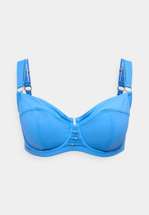 Soutien-gorge à armatures bleu avec bretelles doubles réglables et petits détails en perles dorées au centre avant et sur les bretelles.