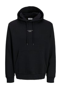 Sudadera negra de mezcla de algodón, con un bolsillo canguro, capucha con cordón y un sutil detalle de logo en el pecho. Textura suave.