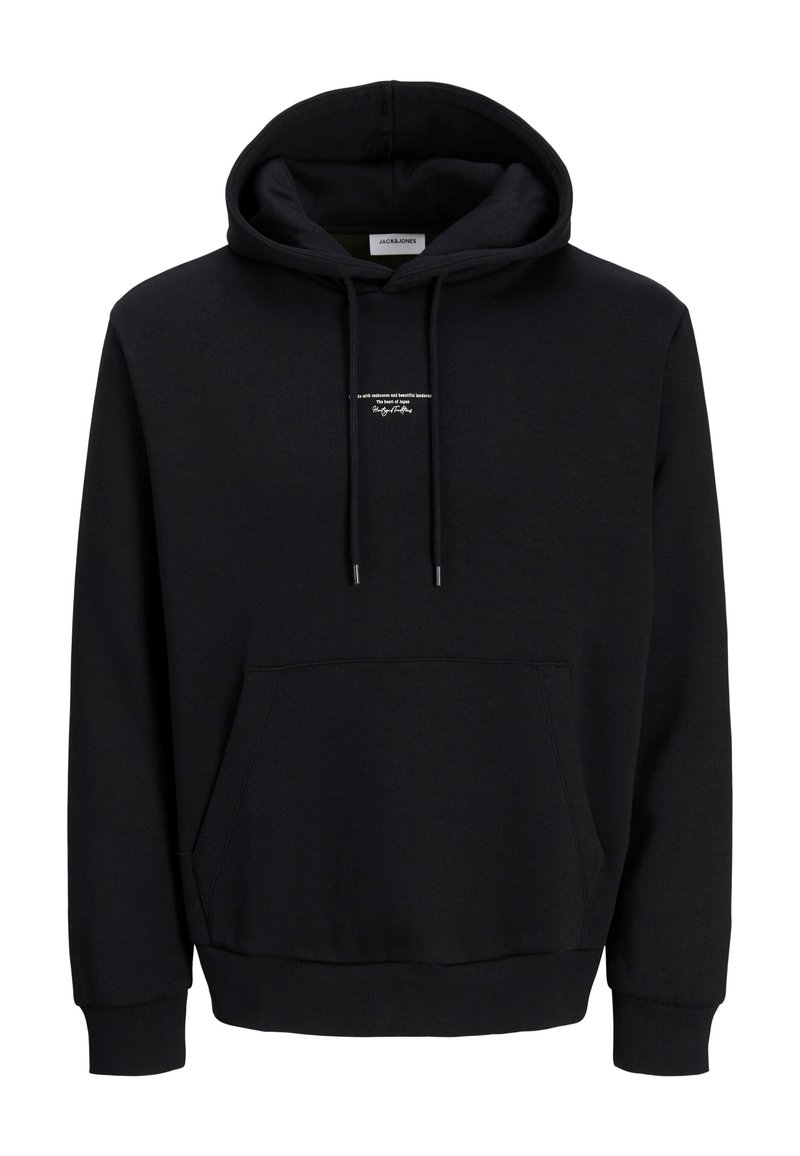 Sudadera negra de mezcla de algodón, con un bolsillo canguro, capucha con cordón y un sutil detalle de logo en el pecho. Textura suave.