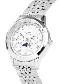 Silver stainless steel wristwatch with a textured white dial, Roman numerals, subdials, and a moonphase indicator. Features a metal bracelet.