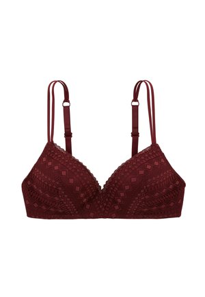 Soutien-gorge en dentelle bordeaux avec des motifs géométriques, doubles bretelles réglables et design de bonnets doux sur fond blanc.