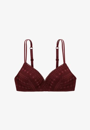 Soutien-gorge en dentelle bordeaux avec des motifs géométriques, doubles bretelles réglables et design de bonnets doux sur fond blanc.
