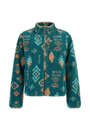 Teflauw fleece jack met volledige voorkraagrits, hoge kraag, ritszak op de borst en lichtbruine geometrische patronen over het gehele jack.