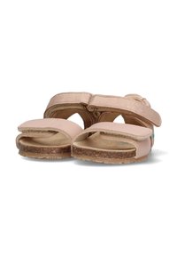 Mukautuvat vaaleanpunaiset sandaalit, joissa on pehmeä päällismateriaali, säädettävät tarranauhat, korkkijalkapohja ja teksturoitu kumipohja.