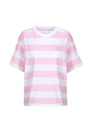 Roze en witte gestreepte t-shirt gemaakt van katoen. Korte mouwen, losse pasvorm, ronde hals, met een kleine oranje geborduurde glimlachende gezicht.
