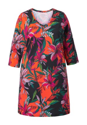 V-mallinen, polvipituinen mekko, jossa on 3/4 hihat ja rohkea trooppinen kukkakuosi punaisella, pinkillä, vihreällä ja mustalla oranssilla pohjalla.