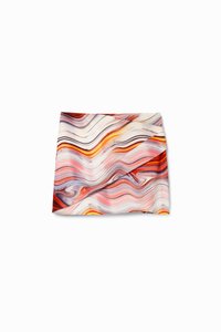 Colorful patterned fabric with swirling waves in red, orange, purple, and white tones. Smooth texture, soft drape, rectangular shape.
