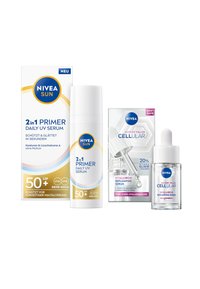 NIVEA products: white 2-in-1 primer with round cap, and clear dropper bottle serum with silver accents. Packaging displays product names and SPF details.