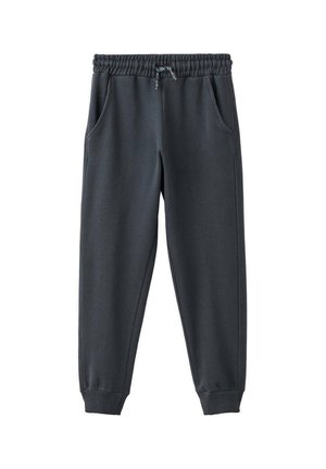 Pantalons de survêtement gris foncé avec taille élastique, cordon de serrage ajustable, poches latérales et chevilles côtelées.