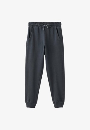 Dunkelgraue Jogginghose mit elastischem Bund, verstellbarem Kordelzug, Seitentaschen und gerippten Bündchen an den Knöcheln.