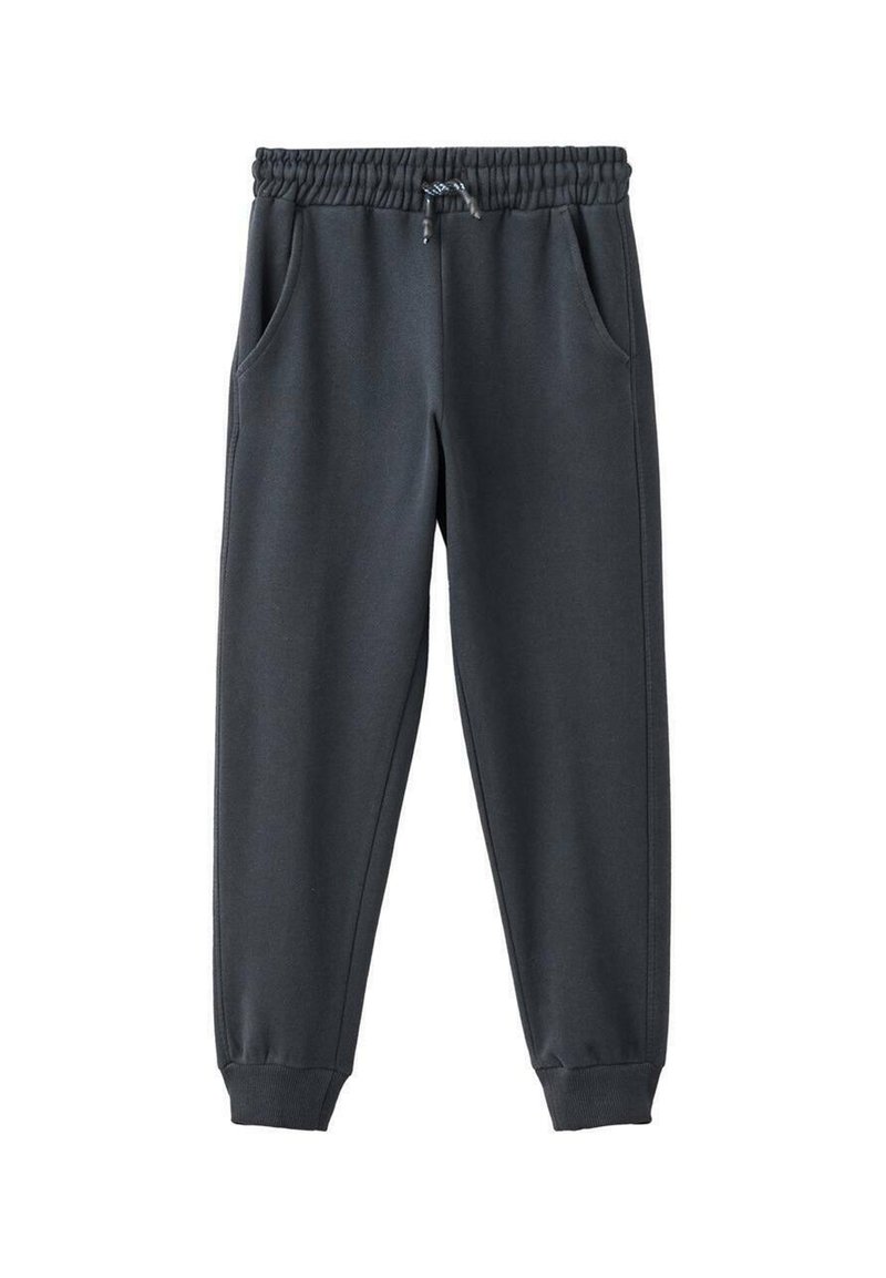 Donkergrijze sweatpants met elastische tailleband, verstelbaar trekkoord, zijzakken en ribbelboorden bij de enkels.
