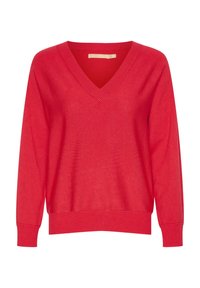 Roter langärmeliger V-Ausschnitt Strickpullover mit gerippten Bündchen und Saum, auf einem schlichten weißen Hintergrund präsentiert.