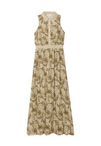 Sleeveless, collared dress in earthy tones with a floral and botanical pattern. Flared skirt design and gathered waistband detail.