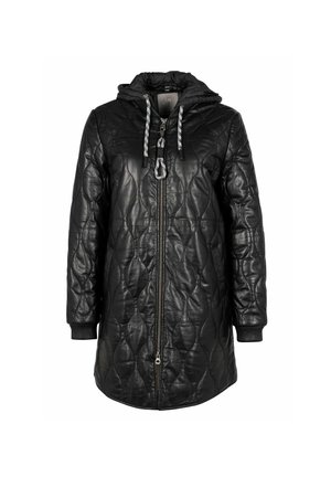Giacca nera trapuntata con cappuccio, realizzata in pelle, con zip frontale, polsini a coste e lacci sul cappuccio.