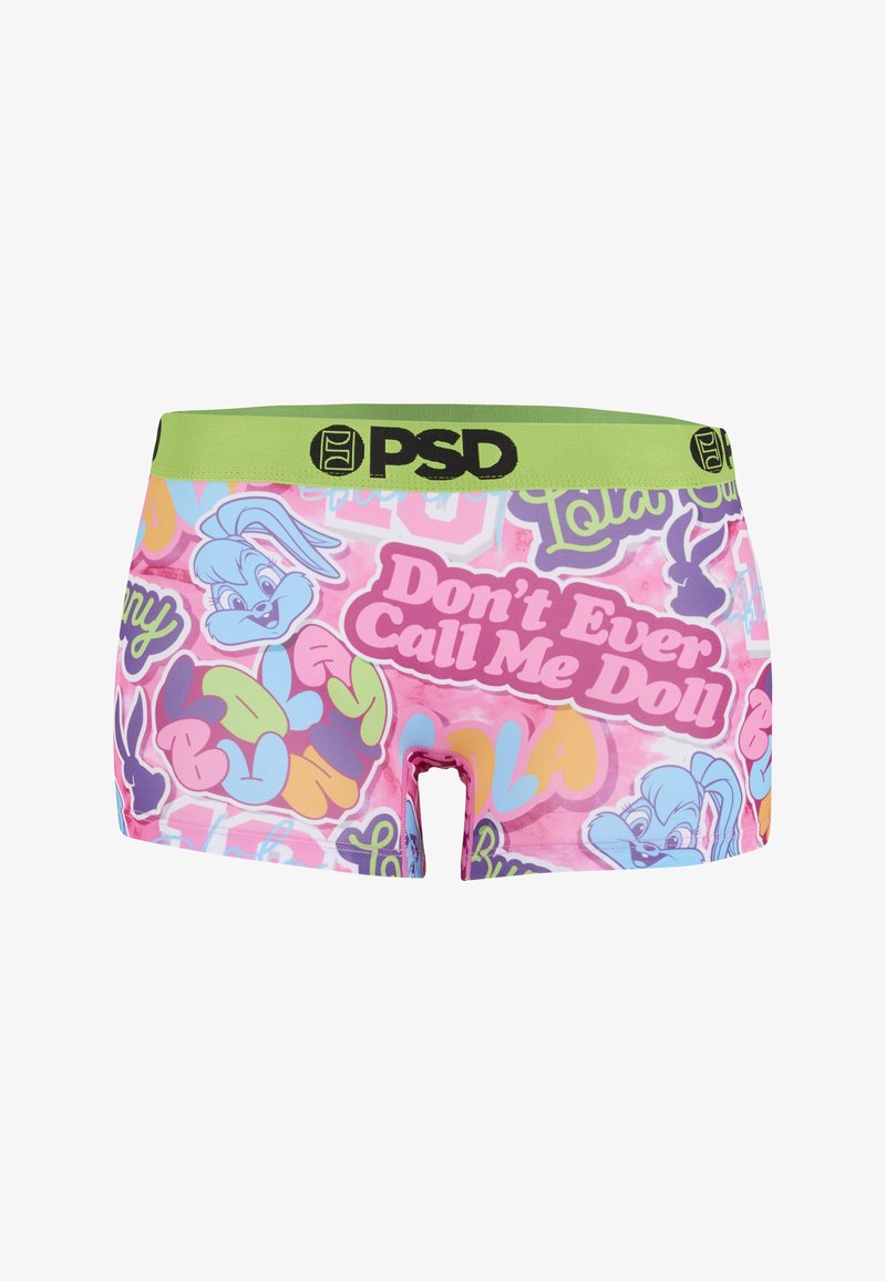 Boxer rose avec ceinture verte, ornée de graphiques colorés de Bugs Bunny et du texte « Ne m'appelle jamais poupée » en lettres roses audacieuses.