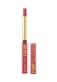 Rossetto rosa slim con tubetto dorato, etichettato "bellapoggi COLOR" e "PUMP Rossetto Ultrapigmentato Formula Jelly Hi-Comfort," con tappo rimosso.