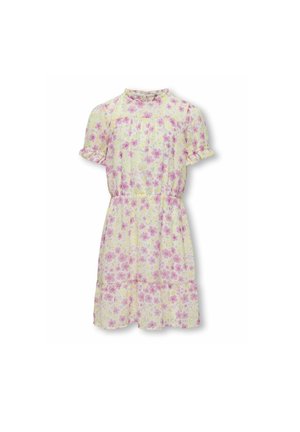 Robe courte jaune avec motif floral rose, manches courtes bouffantes, col à volants et taille froncée avec une jupe à volants.