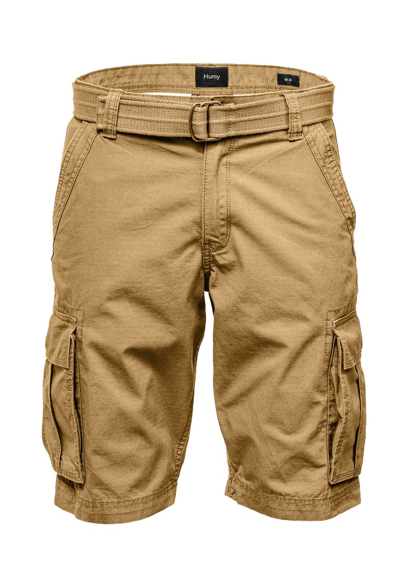 Khaki cargo shorts with a textured fabric, featuring two side pockets and a woven belt for adjustable fit.