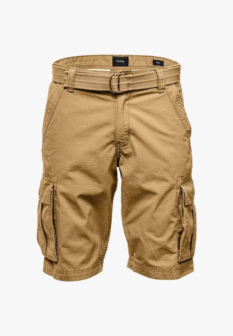 Khaki cargo shorts with a textured fabric, featuring two side pockets and a woven belt for adjustable fit.