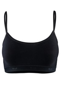 Černý elastický podprsenkový top s nastavitelnými ramínky, měkkou texturou, bezešvým designem a logem na spodním lemu.