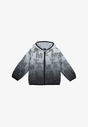 Hooded windbreaker-jas in gradiënt grijs, met een gedurfde zwarte tekstprint. Ontworpen met elastische manchetten, ritssluiting aan de voorkant en zijzakken.