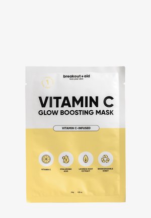 Verpakking van Vitamin C Glow Boosting Mask met een wit en geel ontwerp. Bevat pictogrammen voor vitamine C, hyaluronzuur, zoethoutwortel en biologisch afbreekbaar masker.