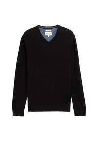 Zwart gebreid sweater met een V-hals ontwerp en lange mouwen. Heeft een contrasterende blauwe binnenhals en ribgebreide boorden en zoom.