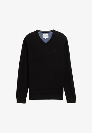 Črni pleteni pulover z V-izrezom in dolgimi rokavi. Ima kontrastni modri notranji izrez in rebraste manšete ter spodnji rob.