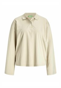 Beige poloko s dlouhým rukávem z bavlny, s límečkem, tříknoflíkovou légou a volným střihem.
