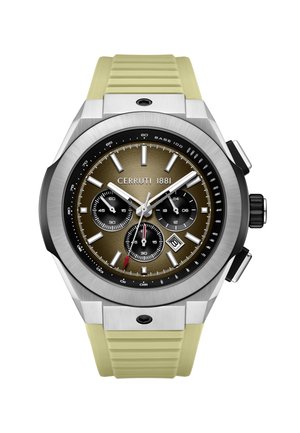 Cerruti 1881 kronografska ura z metalik rjavim številčnikom, tremi podštevilčnicami, okencem za datum, srebrnimi kazalci in bež silikonskim paščkom.